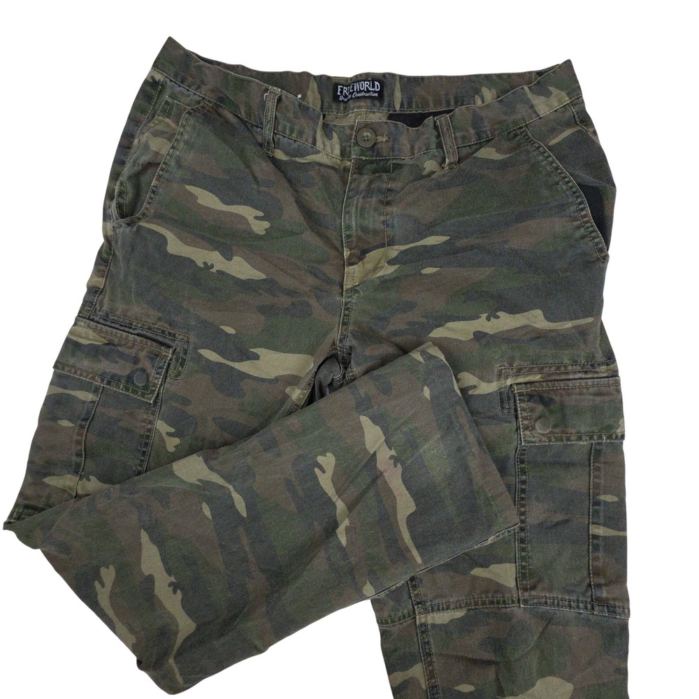 Free World Messenger Camo Cargo Pants Mens 34 Green Woodland Camouflage Cotton
